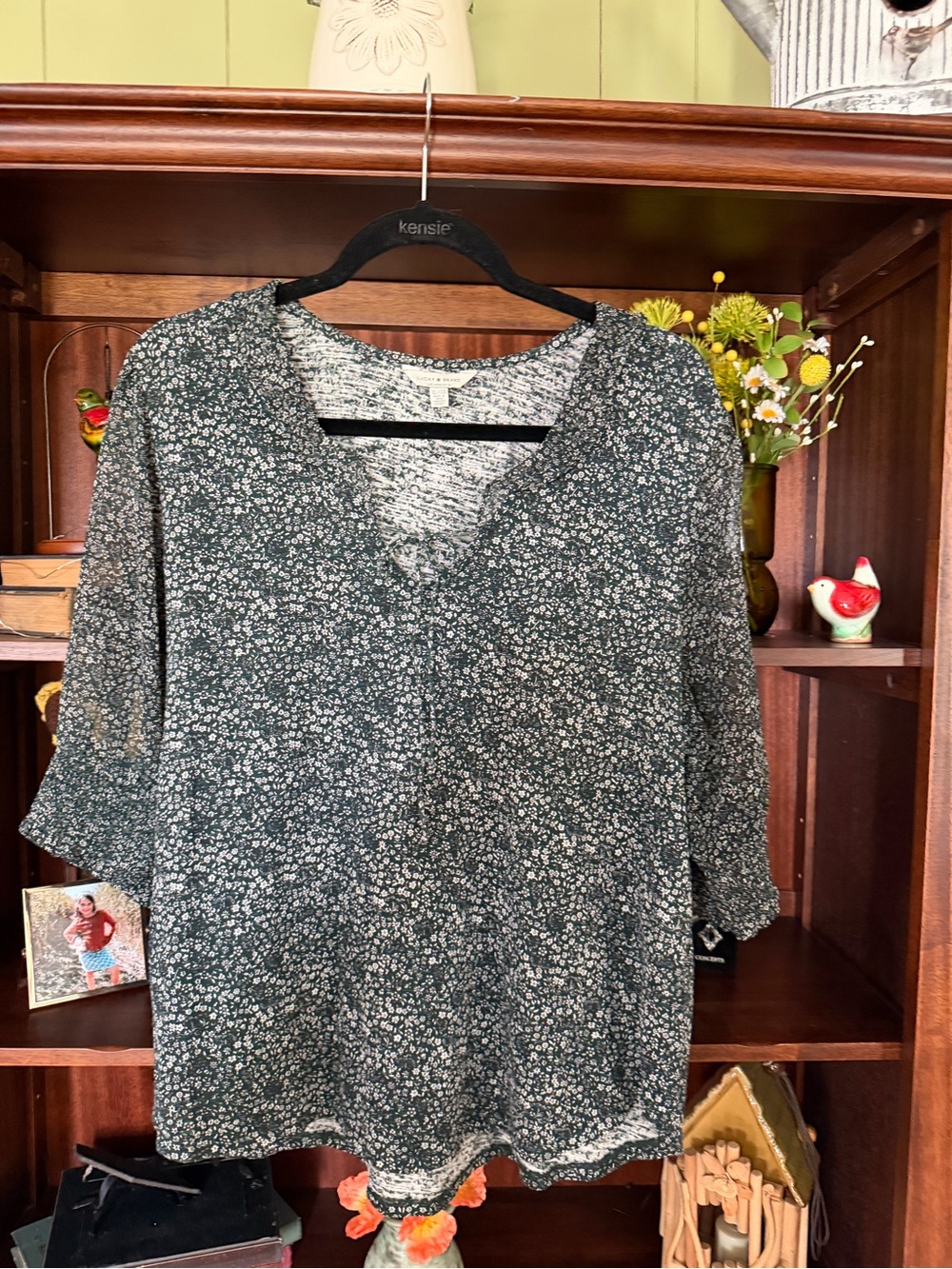 Lucky Brand Dark Green Floral V-Neck Tunic